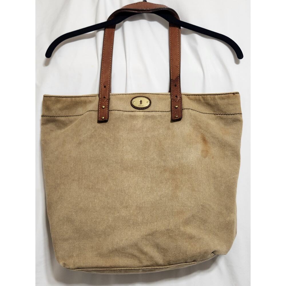 FOSSIL Large Jules Key Tote Tan Canvas Leather Handles Brass Key Tassel - Picture 2 of 13